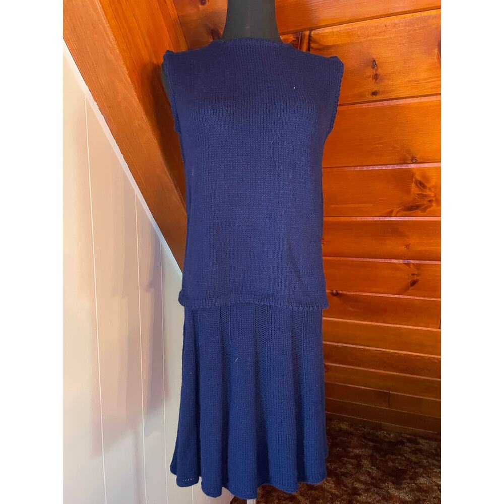 Vintage 60s Navy Blue Handmade Knit Sleeveless Top & Skirt Set sz S
